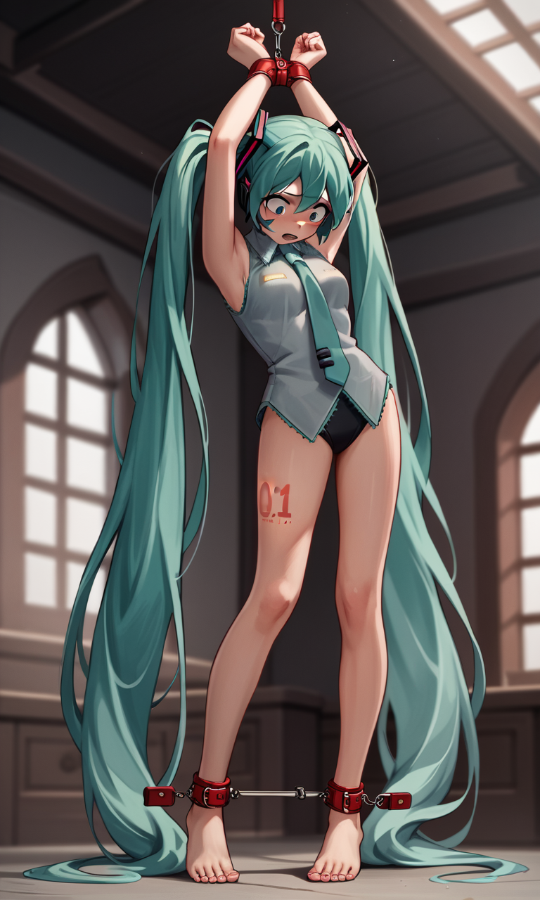score_9, score_8_up, score_7_up, score_6_up, score_5_up, score_4_up, source_anime, 1woman,(Hatsune Miku), streaked hair, long hair, bondage, bdsm, suspension, standing, arms_up, cuffs, bound_wrists, upright_restraints, standing_restraints, tiptoes, straight_legs, feet_dangling
