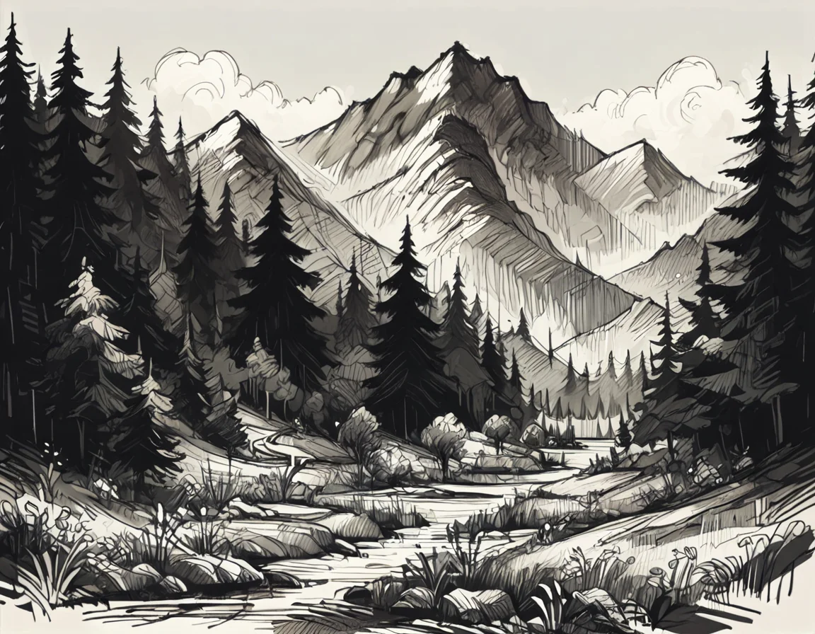 score_9, score_8_up, score_7_up, <lora:Messy Sketch Style:1>,forest with mountains and rivers, monochrome