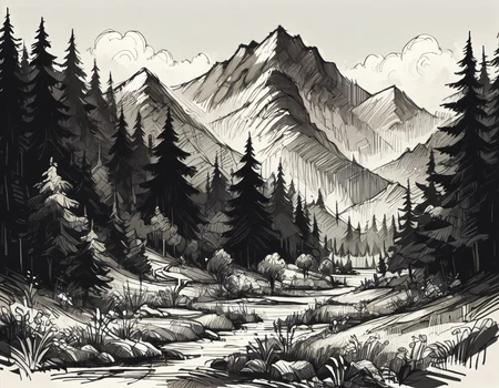 score_9, score_8_up, score_7_up,  <lora:Messy Sketch Style:1>,forest with mountains and rivers, monochrome