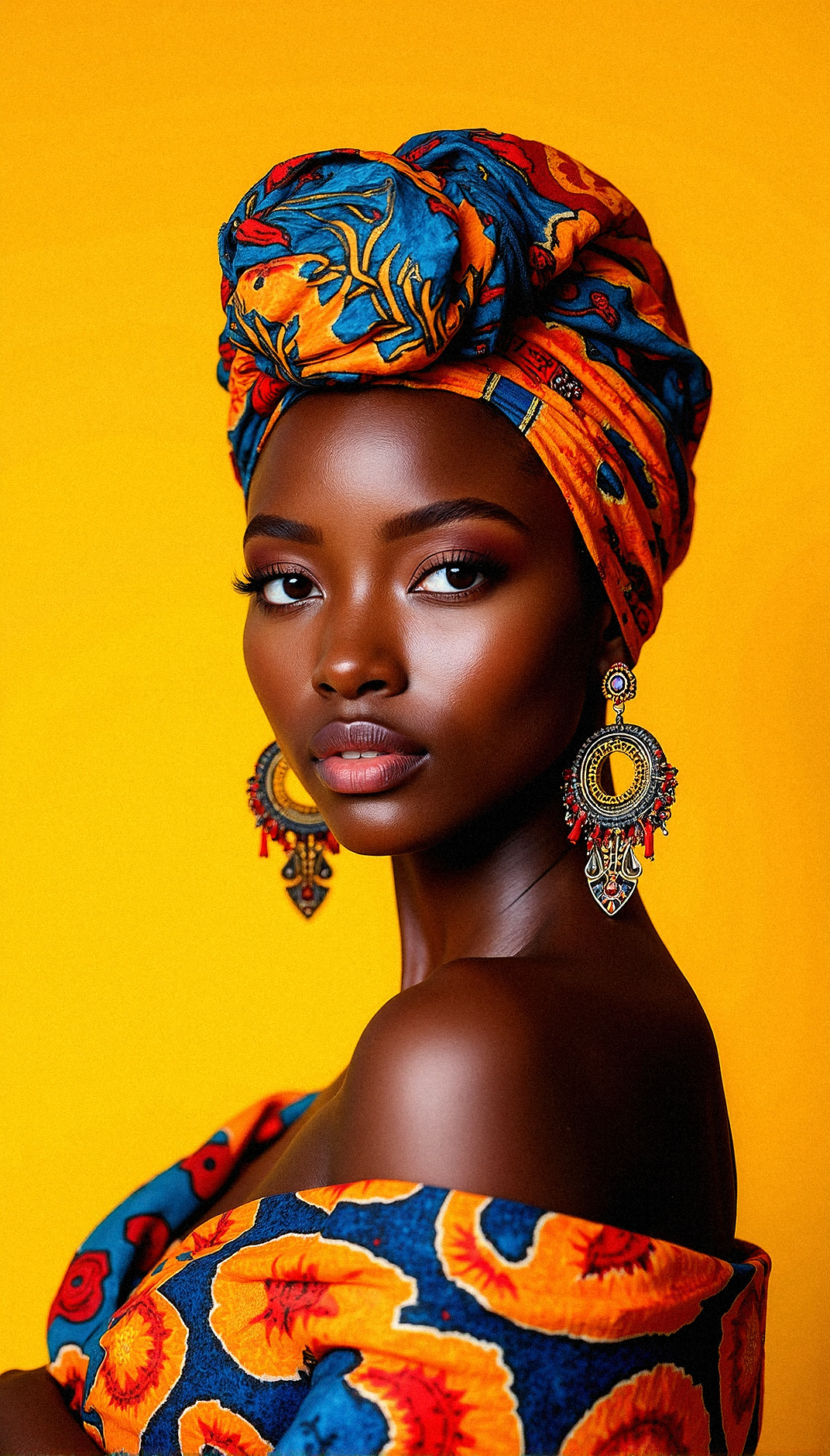 a photorealistic portrait of a African woman, standing in front of a vibrant, sunny yellow backdrop that complements the warmth of her expression. Her attire is a colorful, intricately patterned headwrap that covers her hair, tied in an elaborate and elegant style. The headwrap is adorned with bright colors like orange, blue, red, and yellow, forming geometric patterns that reflect traditional African textile art. She also wears a draped shawl across her shoulders, covered in similar bold, intricate patterns, creating a harmonious blend of colors and textures. Large, statement earrings with African-inspired symbols dangle from her ears, catching the light and adding a touch of elegance. Her skin is smooth and glowing, with natural freckles scattered across her cheeks, enhancing her authentic beauty. The image should emphasize photorealistic detail, capturing the textures of the fabrics, the softness of her skin, and the bright, reflective qualities of the earrings, evoking a sense of pride, joy, and cultural richness.