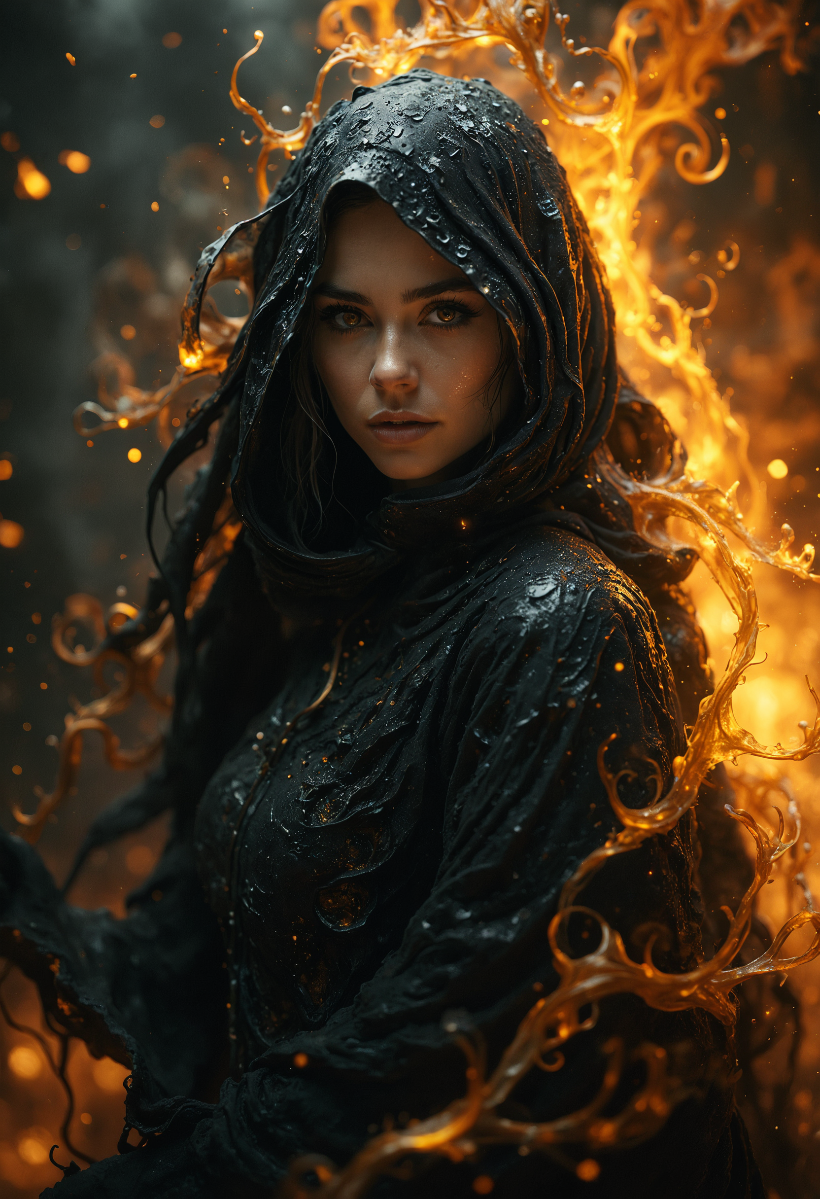 A female figure shrouded in black and gold mist stands surrounded by flames in the darkness. This mysterious being exudes an aura of danger and intrigue, with sharp features and captivating eyes. The cloak billows around her, adding to their mysterious presence. This image could be a stunning painting, rich in detail and vivid colors. Every aspect of the figure is meticulously crafted, from the swirling mist to the fiery backdrop, creating a truly captivating and high-quality piece of artwork.