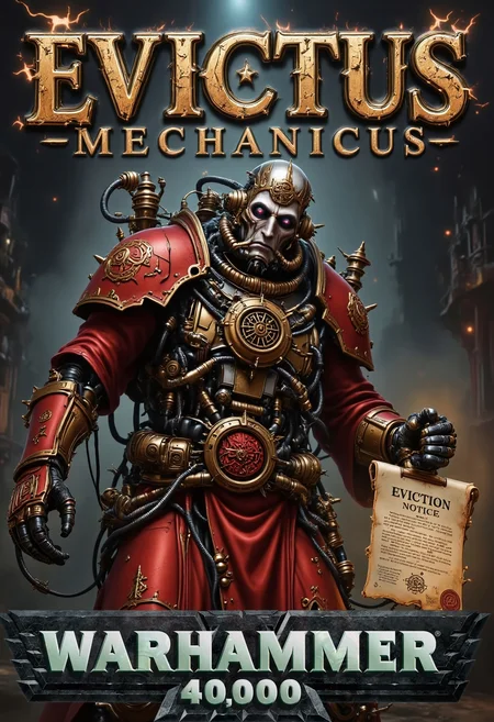 A towering, grimdark Evictus Mechanicus Tech-Priest dominates the frame, his augmented body a grotesque fusion of clerical robes, rent-collection machinery, and legal scrolls. One of his glistening robo-arms extends menacingly, clutching a glowing eviction notice that reads "EVICTION NOTICE" marked with the seal of the High Leaseholder. The top of the image features a bold, Warhammer 40K-style headline in gothic font: "EVICTUS MECHANICUS", with crackling energy accents and a stamped wax seal of eviction approval