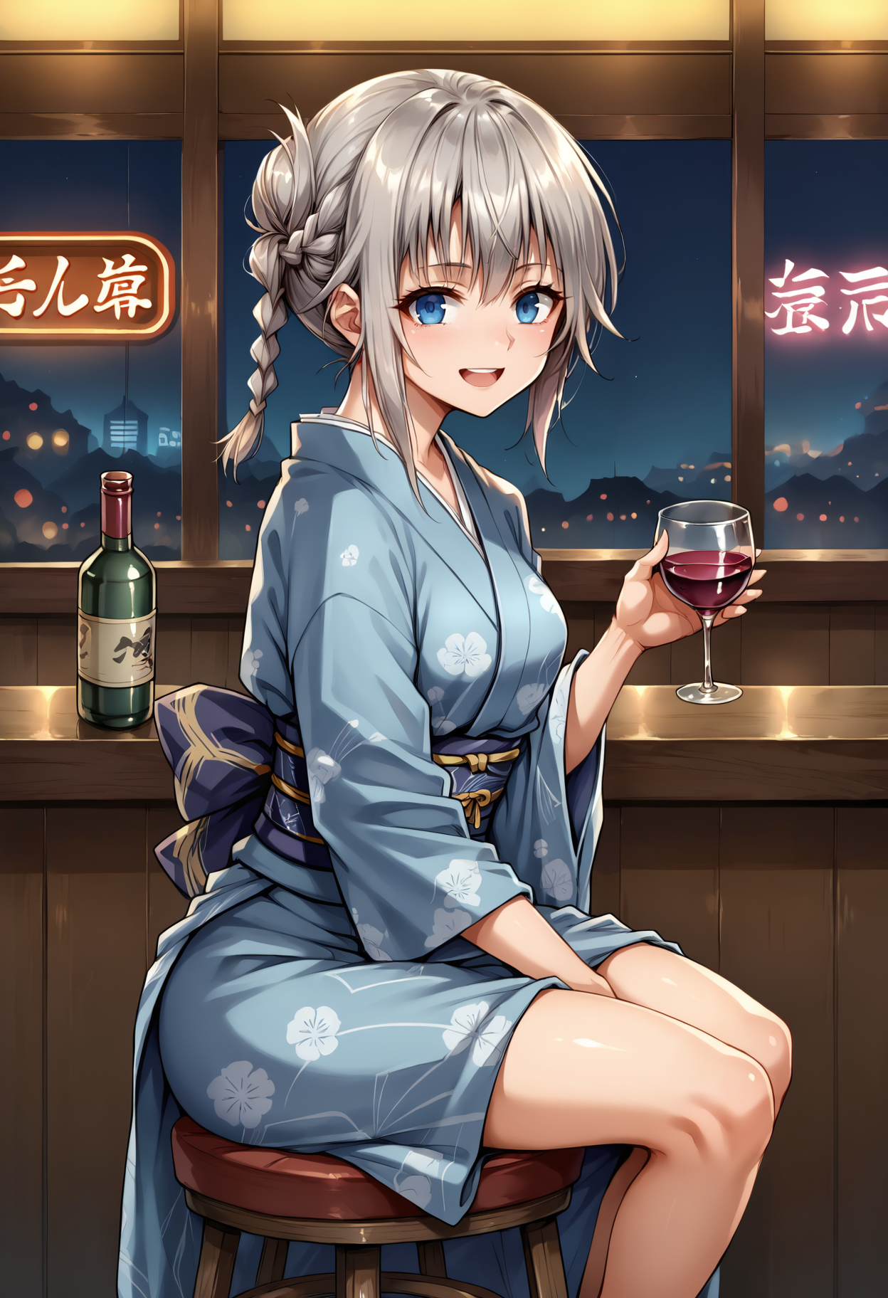 score_9, score_8_up, score_7_up, source_anime, 1girl, solo, looking at viewer, lunalie, braid, gray hair, blue eyes, yukata, kimono, print kimono, japanese clothes, indoors, bar \(place\), alcohol, neon lights, cyberpunk, sitting, from side, obi, stool, bar stool, hand between legs, holding cup, wine glass, smile, open mouth