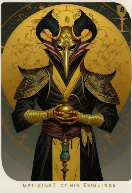 dark grey background, art déco, occultist, antiquarian, ((male tiefling)), byzanthine man in black and yellow robes, (ornate censer), ((man wearing golden ibis mask)), (man wearing turban), ((upwards shoulder pads)), golden horns, golden wings