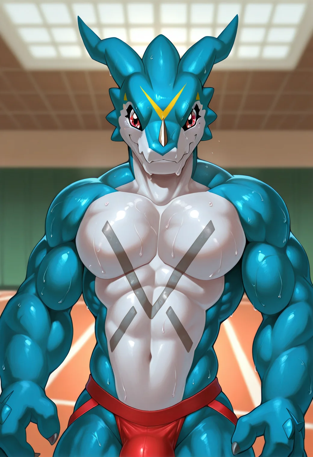 half-length portrait, portrait, solo, blurred background, classic anime style, gym background, <lora:Digimon_-_Exveemon_V2_IL:1> exv33mon, digimon (creature), red eyes, muscular, jockstrap, bulge, sweat, <lora:Taran_Fiddler_Art_Style_ILLUSTRIOUS_XL_by_UOC:0.6>