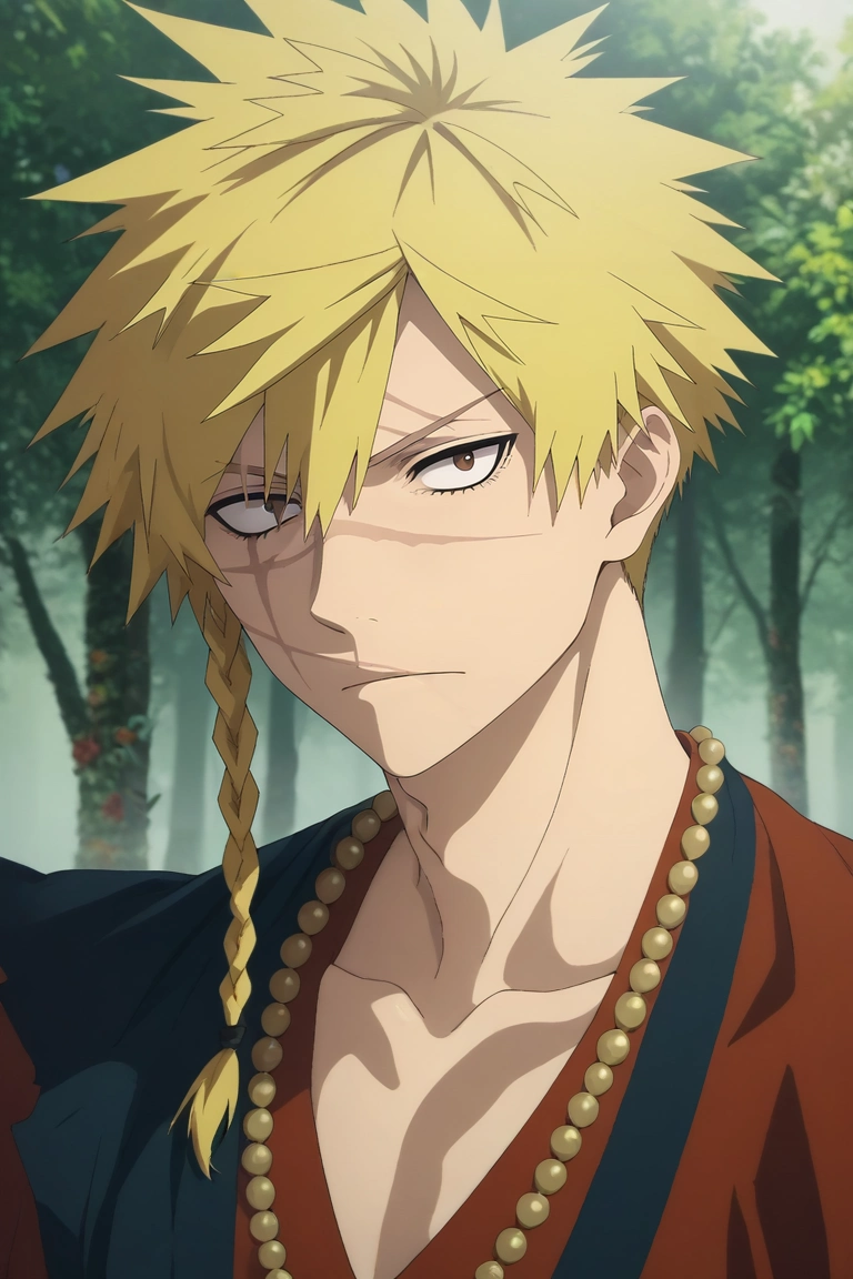 score_9, score_8_up, score_7_up, , rating_safe, intricate details, , looking at viewer, , 1boy, solo, male focus, <lora:choubei_aza_pony:0.96>, choubei_aza, blonde hair, brown eyes, long hair, braid, spiked hair, scar on face, necklace, , , <lora:sdxl_lightning_8step_lora:1>
