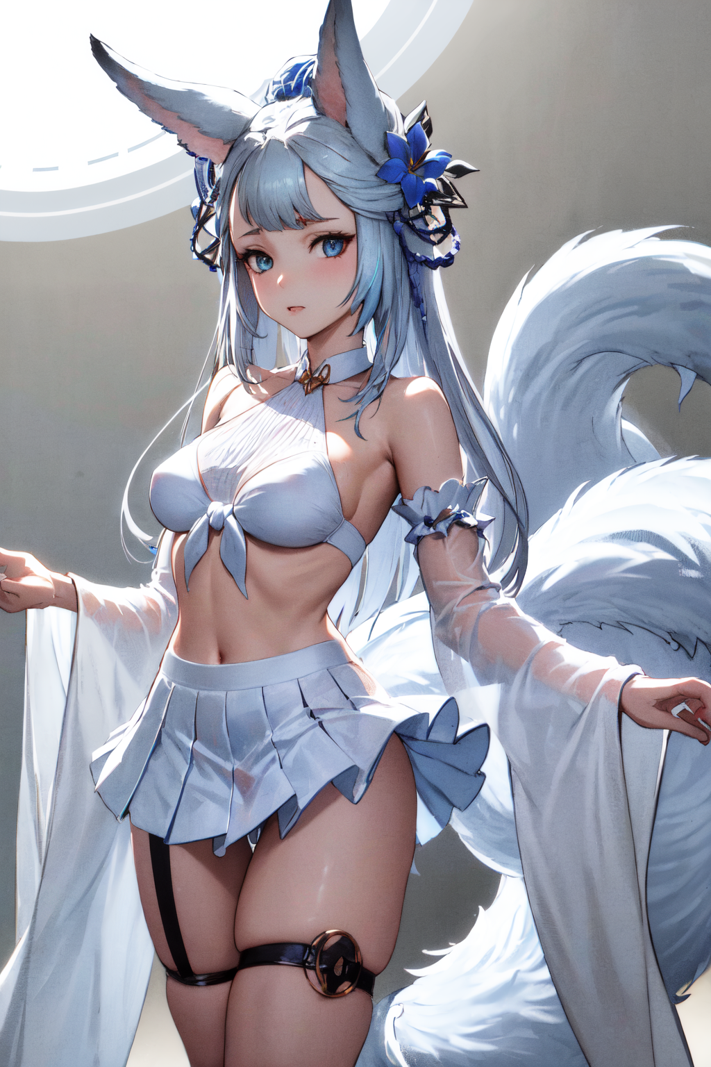 masterpiece, (detailed, highres, best quality), 1girl, <lora:spgbfSociette-08:1> societtesu, blue hair flower, fox tail, see through, white swimsuit, detached sleeves, bikini skirt, thigh strap, white background