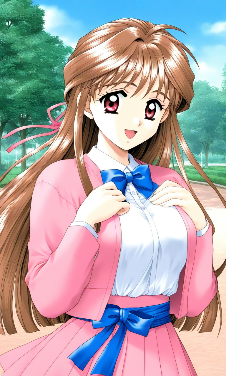 general,highres, ultra-detailed,very aesthetic,best quality ,best hands, BREAK <lora:Minamizato_Ai_kakyuusei_Ver2.0_IS:1> Minamizato_Ai(kakyuusei), open mouth,
1girl, solo, brown hair, long hair, bangs, red eyes, brown eyes, breasts, hair ribbon, pink ribbon, breasts,
pink jacket, bowtie, blue bow, blue bowtie, shirt, jacket, open jacket, hands on own chest,
white shirt, long sleeves, pleated skirt, pink skirt, blue_sash,
smile, looking at viewer, cowboy shot, outdoor, day, blue sky, park,