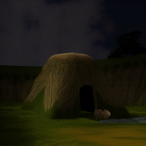 Link's House, 1girl, tree, cloudy sky, sky, bag, river, bench, hat, water, scenery, lostwoods, ocarina of time, sunlight, rock