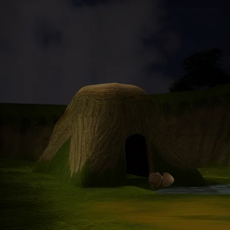 Link's House, 1girl, tree, cloudy sky, sky, bag, river, bench, hat, water, scenery, lostwoods, ocarina of time, sunlight, rock