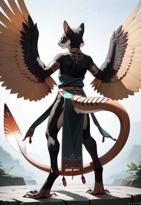 1person, Palagiri, anthro, feline features, feline nose, ((wings)), ((armless)), perfect wings,
Back view, perfect wings, ((prehensile toes, long toes)), ((feathers-tipped tail, fanned tail-tip, tapering-tip tail)),
digitigrade legs, pelvic curtain tunic,
Source: anime, score: 9, score: 8up,