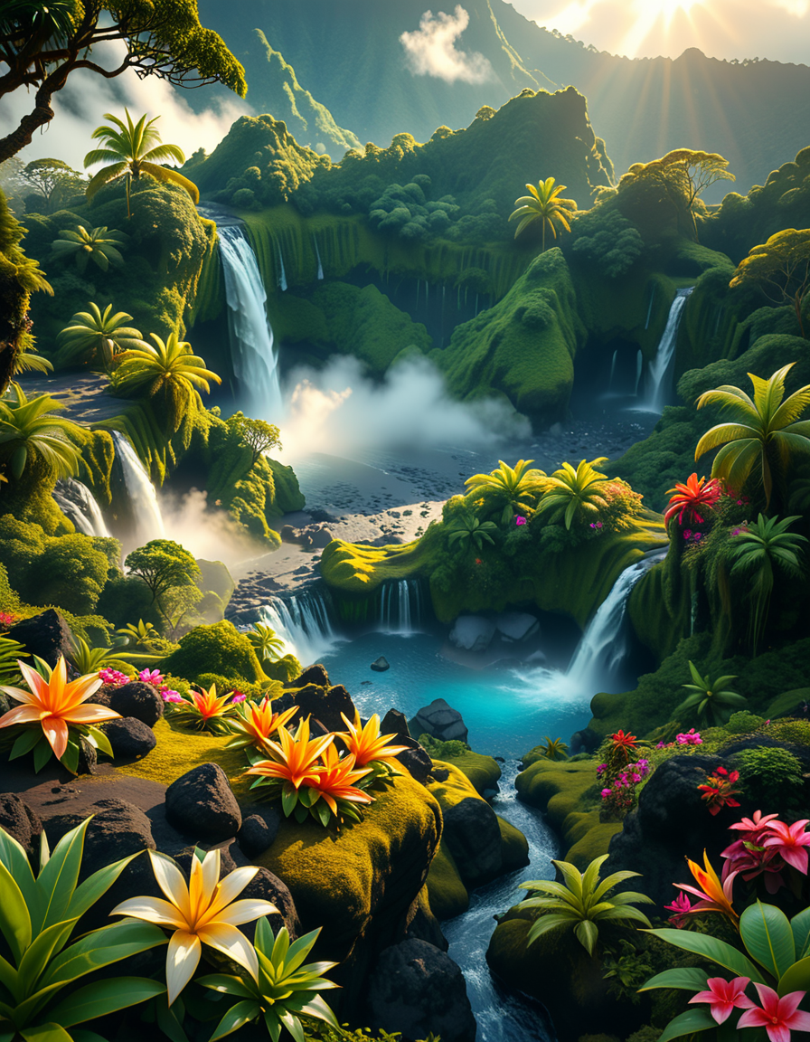 A breathtaking view of an ancient, dormant volcano now transformed into a lush, vibrant natural sanctuary. The crater is filled with dense tropical forests, colorful exotic flowers, cascading waterfalls, and mist swirling gently in the morning light. Vines and moss cover the dark volcanic rocks, and small streams wind down the slopes. while rays of sunlight pierce through the dense canopy, creating sparkling reflections on the water. The atmosphere feels peaceful, enchanted, and untouched by humans. The scene is depicted in an ultra-detailed, hyper-realistic style, with warm, soft lighting and rich, saturated colors that enhance the magical and serene mood of the landscape.
<lora:SDXLFaeTastic2400:0.4> <lora:extremely_detailed:0.4> extremely detailed, <lora:dormant_v0lc4n0:1>,dormant v0lc4n0, Masterpiece,best quality,hi res,8k,hi res,8k,award winning,(sharp focus, intricate, highly detailed),