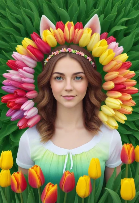 (umamusume, rhein_kraft_(umamusume), horse_ears, horse_girl, tail, 1girl, ahoge, animal_ears,)
casual, field, flower, flower_field, green_eyes, hair_between_eyes, hair_ornament,
head_wreath, looking_at_viewer, solo, aesthetic, absurdres, symmetric ,spiralling vortex made of multicoloured tulips, lush foliage sunrise, ripples, reflective, jaynl-tm, rainbow, , g0ldsw0rthy,
(realistic, photo, artistic, medium_hair, one_eye_closed, petals, relaxing, smile, : 0.7)