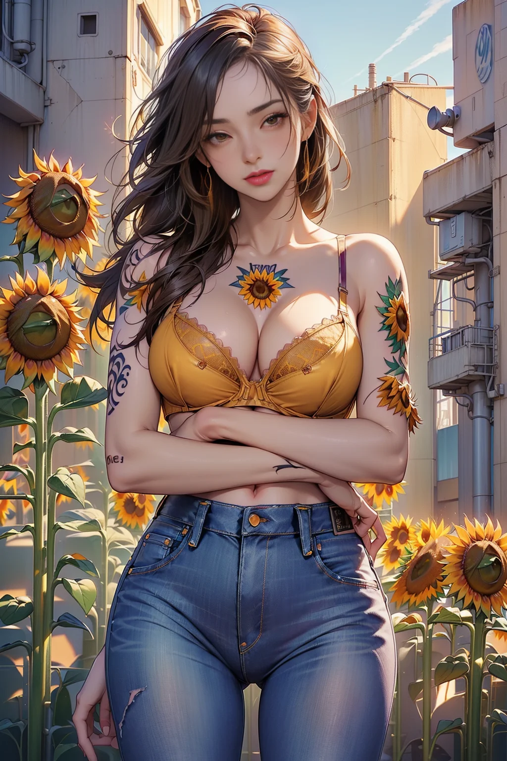 1woman wearing (bra and jeans:1.4) (tattoo:1.4) in the (cyber city:1.5) <lora:SunFlowerWorld:0.85> SunFlowerWorld