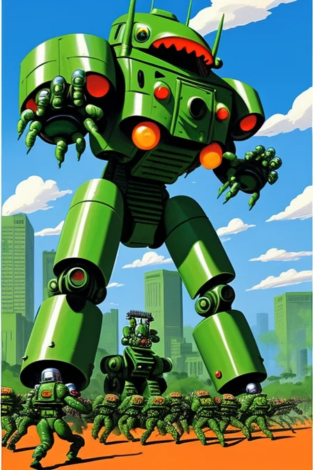 a painting of a giant green robot with red claws holding a soldier in the claw and a group of soldiers around him, with a cannon firing at the robot in the foreground, art by marsattacks3