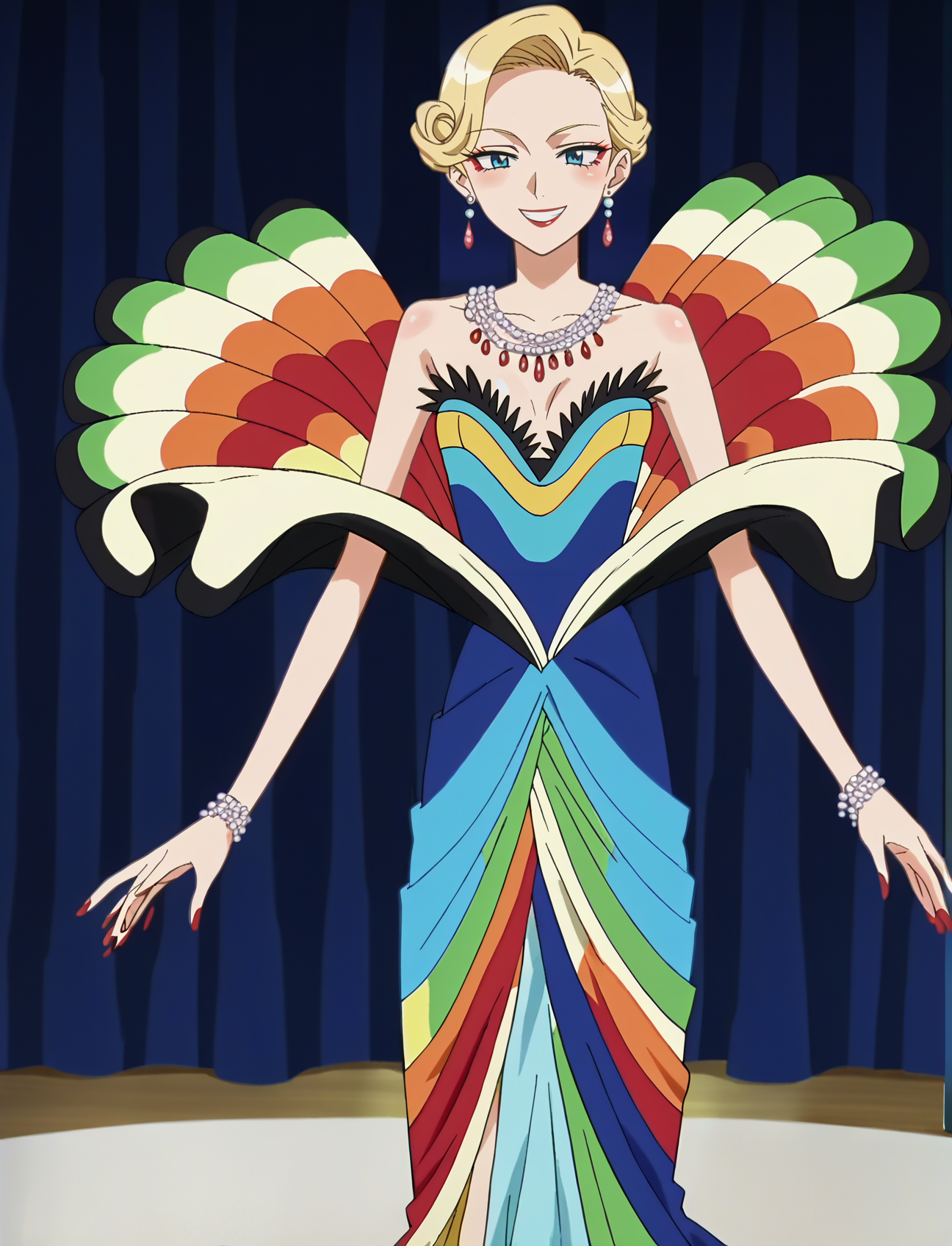 score_9, score_8_up, score_7_up, score_6_up, score_5_up, score_4_up, BREAK source_anime,anime screencap,rating_explicit,1girl,solo,anime screencap,smile,
edgTM, a woman in a colorful dress on a runway ,wearing edgTM_style fashion, eccentric clothing,
 <lora:edgTMuglerPony:0.9>
 <lora:MarinXL:0.7> marin_kitagawa, earrings,