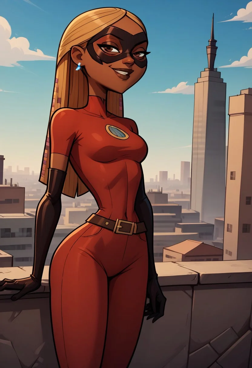 score_9, score_8, BREAK, solo, dark blonde hair, brown eyes, brown lips, lipstick, earrings, dark skin, total drama, Nichelle_(Total_Drama), breasts, dark skin female, standing, smile, outdoors, city, rooftop, blue sky, daytime, good weather, mask, red bodysuit, domino mask, elbow gloves, skin tight, rating:safe
