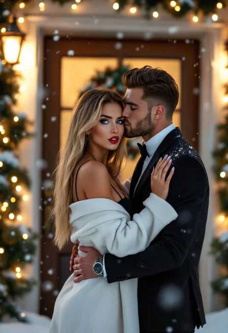A professional Hasselblad photograph of alluring blonde woman with a seductive face, sexy makeup, and a perfect body. She is standing in front of a home door and laying back to that on a snowy night, illuminated by Christmas lights. She is wearing a form-fitting black tank top and white Overcoat. Her long straight hair falls in her shoulder, and her blue eyes shine with a playful, confident gaze. her hands stretched and hugging and blow a kiss with red lips to the handsome man with full black suit beside her. The warm glow of the Christmas lights and softly falling snowflakes complete the magical holiday scene. The photo was shot with an 85mm f2.8 lens and warm, romantic lighting.