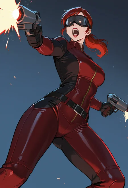 masterpiece, best quality, absurdres, 1girl, solo, annettegta, red hair, ponytail, lipstick, motorcycle goggles, ox blood catsuit, black gloves, belt, from below, dodges in the air, holding two pistols, dual wielding, firing, aiming, screaming <lora:AnnetteGTAOnline_Iv2:0.8>