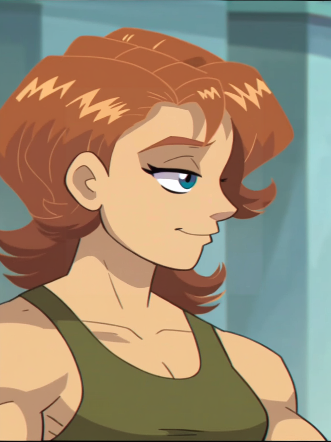 <lora:Irma_Lair:0.7>ir_ma, 1girl, auburn hair, short hair, slightly wavy hair, greenish-blue eyes,  (muscular body:1.2), score_9, score_8_up, score_7_up,