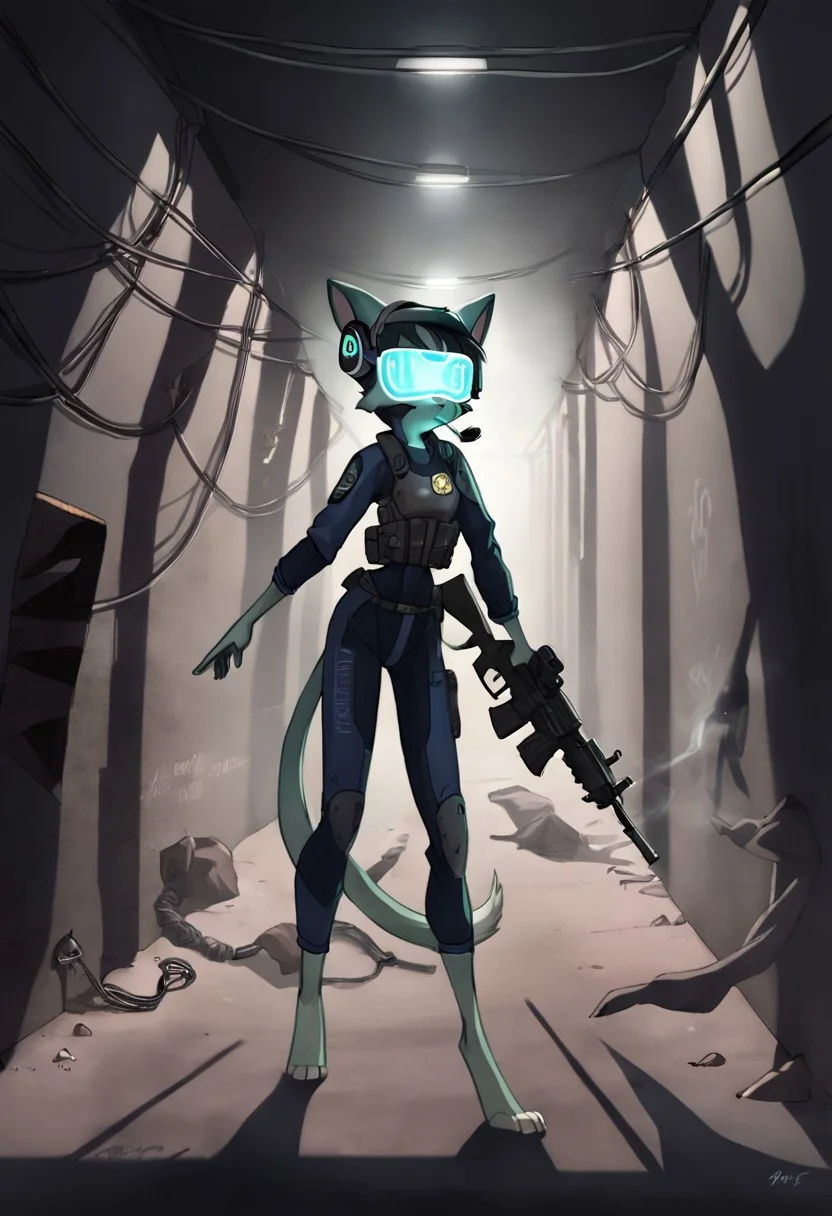 score_9, score_8_up, score_7_up, source_anime, BREAK 
lilith_calah, 1girl, furry female, furry, solo, tail, animal ears, 
dutch angle, dramatic lighting, dark, corridor, metal walls, wires, tubes, dust, smoke, night, neon lighting
duisburg, (aiming:1.2), fully clothed, [plugsuit|bodysuit], bulletproof vest, holographic visor, police badge, blue clothing, black clothing, holding gun, assault rifle, headset
