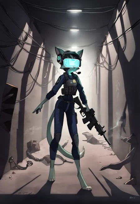 score_9, score_8_up, score_7_up, source_anime, BREAK 
lilith_calah, 1girl, furry female, furry, solo, tail, animal ears, 
dutch angle, dramatic lighting, dark, corridor, metal walls, wires, tubes, dust, smoke, night, neon lighting
duisburg, (aiming:1.2), fully clothed, [plugsuit|bodysuit], bulletproof vest, holographic visor, police badge, blue clothing, black clothing, holding gun, assault rifle, headset