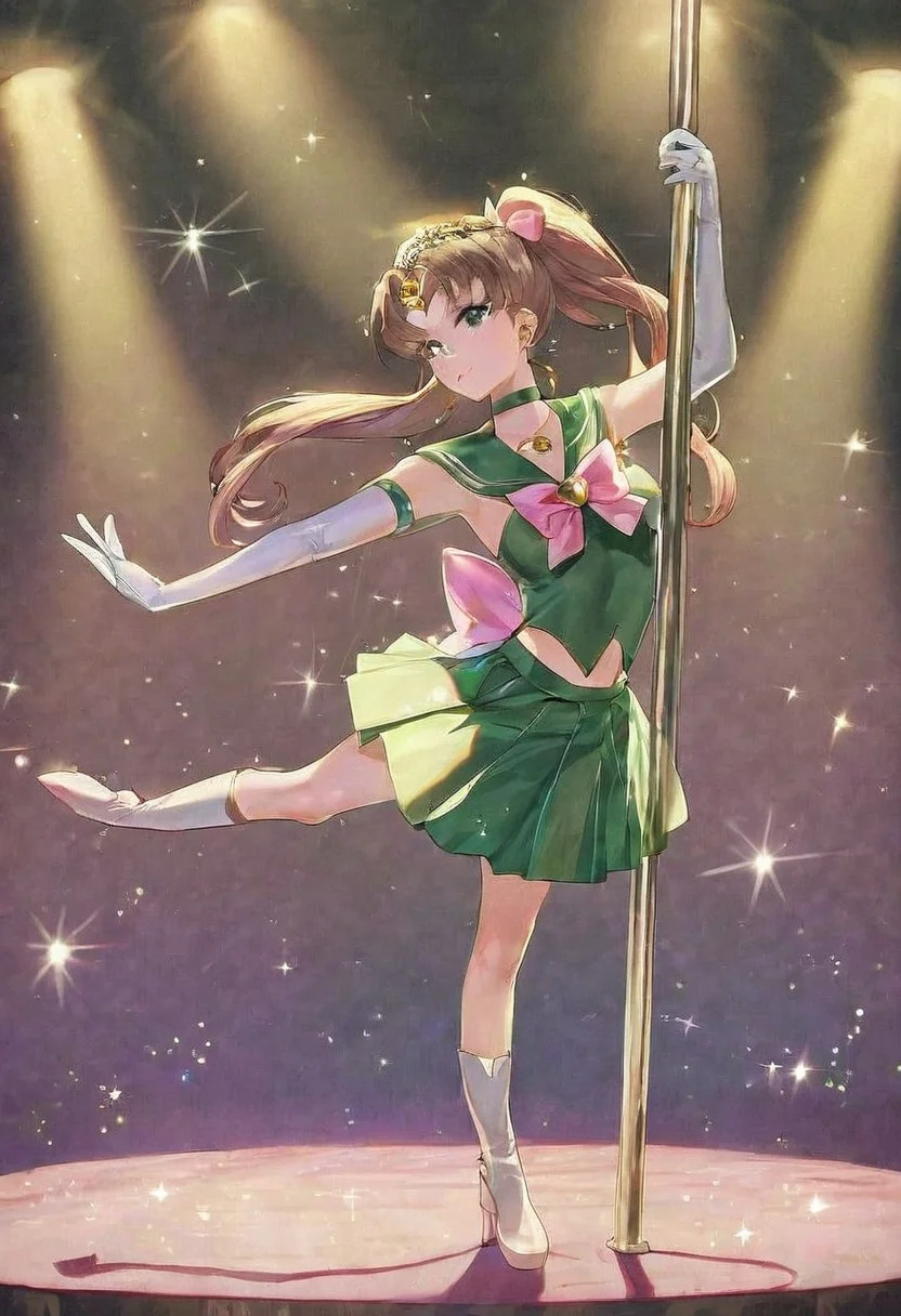 masterpiece, best quality, amazing quality, absurdres, highres, very aesthetic, jupiter_a, tiara, jewelry, earrings, green sailor collar, sailor senshi uniform, green skirt, pink bow, knee boots, green choker, white elbow gloves, pole dancing, stripper pole, stripper, on stage, spotlight, sparkle, glitter, shiny,