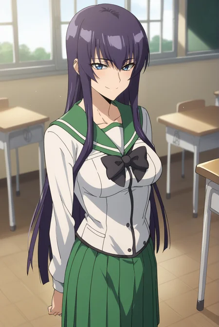 score_9, score_8_up, score_7_up, score_6_up, score_5_up, score_4_up, BREAK source_anime, 1girl, solo,
<lora:SaekoBusujimaXL-v2-06:0.7>, ChopioSaekoBusujima, purple hair, very long hair, shiny hair, blue eyes, looking at viewer,
medium breasts, mature female,
straight hair, side locks,
outfit_1, serafuku, green sailor collar, black bowtie, white shirt, long sleeves, green skirt, pleated skirt,
classroom, desk, standing, arms at sides, smile,