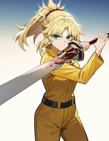masterpiece, best quality, newest, absurdres, highres, safe,, <lora:fate-mordred-ponyxl-lora-nochekaiser:1>, mordred, green eyes, blonde hair, ponytail, short hair, scrunchie, red scrunchie, hair scrunchie, medium breasts,, <lora:sword-guard-stance-illustriousxl-lora-nochekaiser:1>, sword guard stance, sword, weapon, solo, katana, holding, holding weapon, holding sword, looking at viewer, jumpsuit, yellow jumpsuit, high collar, cowboy shot, pants,, ,