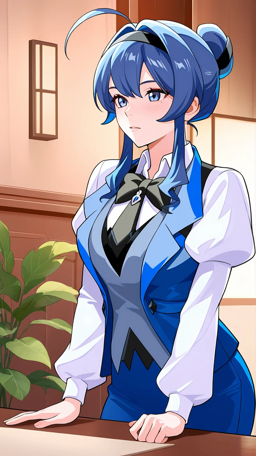 amazing quality,absurdres,best quality,masterpiece,highres,newest,detailed,detailed body,detailed face,masterpiece,best quality,solo,
leidongxue,1girl,blue hair,blue eyes,ahoge,sidelocks,single hair bun,bow,black bowtie,hairband,vest,white collared shirt,long puffy juliet sleeves,
<lora:æ 罪ä¹åºé·ä¸éª:0.8>,