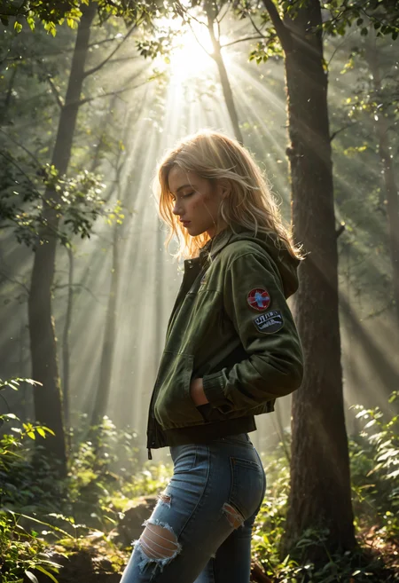 score_9, score_8_up, score_7_up, realistic, photorealistic, 1girl, close-up, beautiful young Russian female, short messy blonde hair, tired and vulnerable expression, standing in a dense dark forest, thick fog, sunlight barely piercing through dense tree branches, wearing a torn green jacket, torn beige hiking pants, scuffed boots, dirt and scratches on her skin, dramatic god rays, cinematic atmosphere, ultra-realistic, highly detailed textures, natural lighting, soft shadows, highlights, intense moody ambiance, <lora:Dramatic Lighting Slider:1.5>