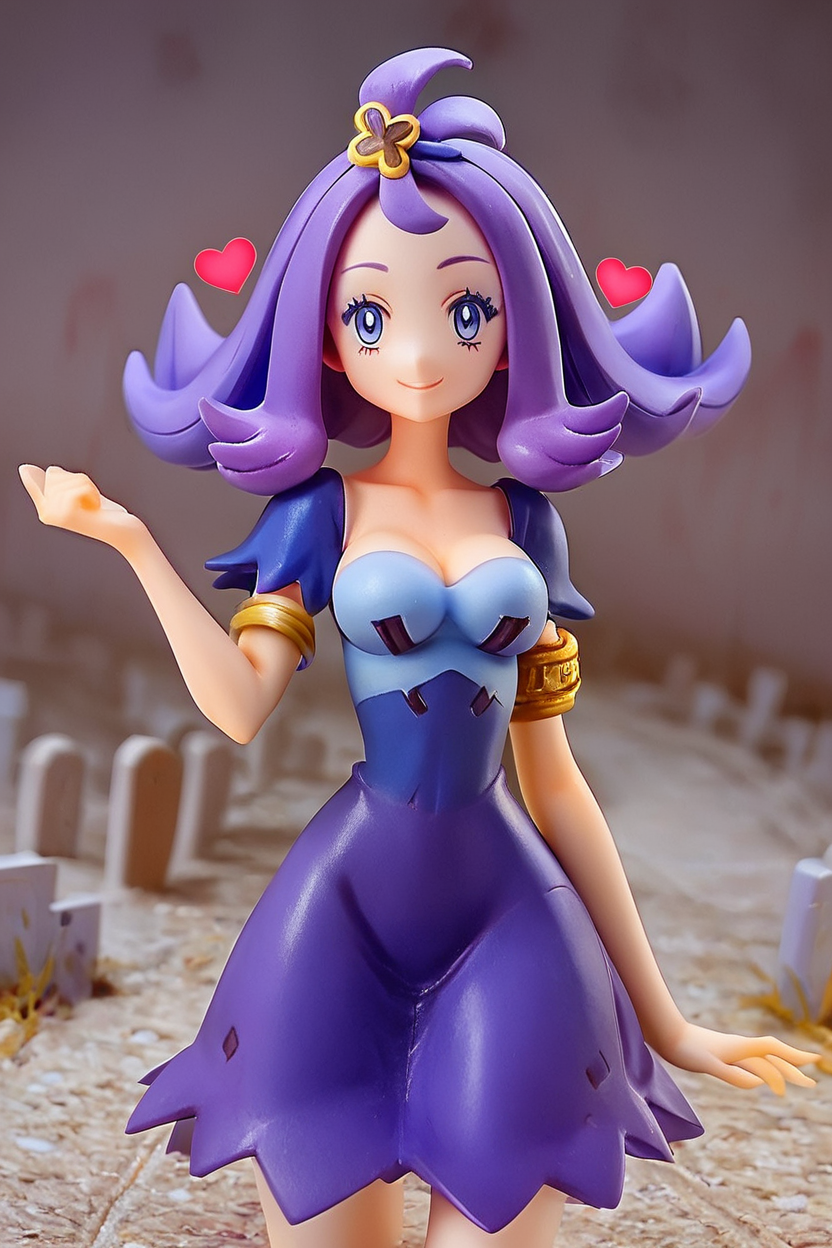 score_9, score_8_up, score_8, medium breasts, cute, eyelashes, figure,   acerola (pokemon), purple hair, purple hair, topknot, flipped hair, collarbone, purple dress, stitches, multicolored dress, armlet, smile, looking at viewer, cowboy shot, medium breasts, curvy, narrow waist, graveyard, <lora:Acerola_Pokemon_P1:0.8>,     <lora:Anime_Figure_P1:1>,