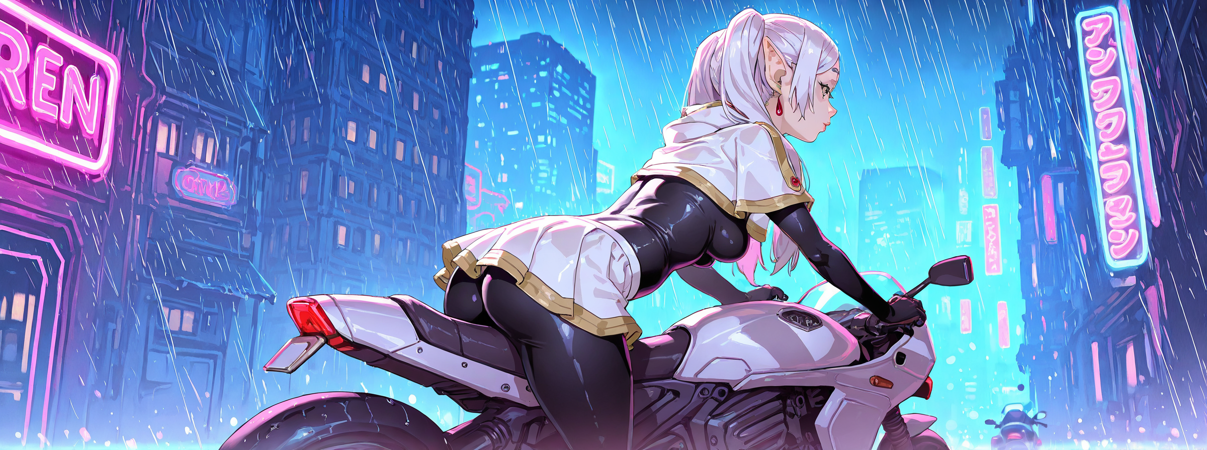 masterpiece, best quality, amazing quality, ultra detailed, 1girl, frieren, elf, lips, curvy, athletic, medium breasts, pose, white shrug, white skirt, black bodysuit, back lighting, leaning forward, pose, night, outdoors, futuristic city, riding motorbike, futuristic motorbike, particles, neon lights, rain, ambient occlusion,  <lora:KIRALICESHA_ILL_Style:1>