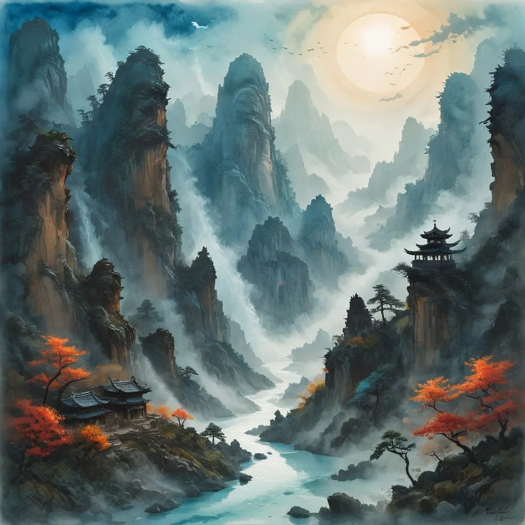 (Ink illustration on parchment, watercolor, ink splashes, Ukiyo-E). ((watercolor)), ((Chinese landscape)), Pagodas, Red-Trees, landscape focus, small figure off-side, Chinese Mountains, Rivers, Clouds, with watercolor washes, (((autumn forest landscape))), (((mist, waterfalls))), orange and red trees, lush autumn foliage, endless karth mountains that stretch outward to the horizon, a lone woman traversing the landscape!! wearing a bright blue cloak to make the miniscule figure stand out in a landscape dotted with the ruins of an ancient destroyed civilisation, crumbling stone, degraded buildings and temple, a long magical aurora borealis stretching across the sky, a broken moon high in the sky partially turned into an asteroid belt, a Saturn-like ringed-planet world, flickers of magical energy illuminating the land, in the far distance a giant wall of smoke is rising from the shattered earth in which a multitude of faces are forming and screaming, Ink splashes, rough ink sketch, Ghibli style, high contrast, stylized, dark skin, close up on face, head and shoulder, leather medieval top with lowered hood, Art Nouveau Style, detailxl, BadDream, dioramas,