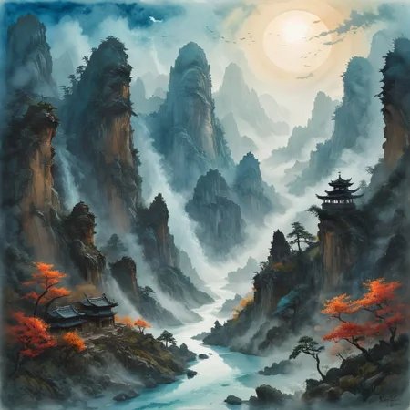 (Ink illustration on parchment, watercolor, ink splashes, Ukiyo-E). ((watercolor)), ((Chinese landscape)), Pagodas, Red-Trees, landscape focus, small figure off-side, Chinese Mountains, Rivers, Clouds, with watercolor washes, (((autumn forest landscape))), (((mist, waterfalls))), orange and red trees, lush autumn foliage, endless karth mountains that stretch outward to the horizon, a lone woman traversing the landscape!! wearing a bright blue cloak to make the miniscule figure stand out in a landscape dotted with the ruins of an ancient destroyed civilisation, crumbling stone, degraded buildings and temple, a long magical aurora borealis stretching across the sky, a broken moon high in the sky partially turned into an asteroid belt, a Saturn-like ringed-planet world, flickers of magical energy illuminating the land, in the far distance a giant wall of smoke is rising from the shattered earth in which a multitude of faces are forming and screaming, Ink splashes, rough ink sketch, Ghibli style, high contrast, stylized, dark skin, close up on face, head and shoulder, leather medieval top with lowered hood, Art Nouveau Style, detailxl, BadDream, dioramas,