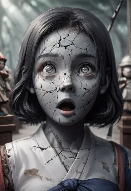 score_9, score_8_up, score_7_up, score_6_up, easynegative, masterpiece, the highest, perfecteyes, brown eyes, girl, kimono ,black hair, scythe, ,jewelry,geisha , fear, facial cracks,tears,porcelain body,doll,doll joints,clay girl,petrifaction girl,detailed cracked skin,gray skin,gray petrifaction hair,gray eyes,empty eyes,cry, arm reaching