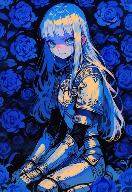 score_9, score_8_up, score_7_up, score_6_up, 1girl, solo, cr33pp41nt, f3nn3r, angry face, face with tears, crying, kneeling and crying, blue roses, detailed background of a white roses, white armor, long hair, bangs, white long hair, fair skin,