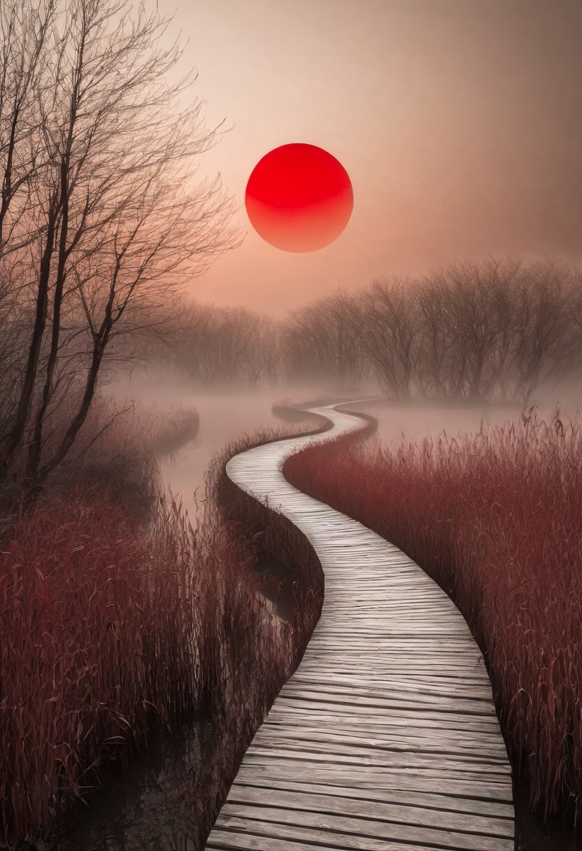 surreal landscape, winding wooden path, reflective caramel water, leafless trees, overgrown reeds, large subtle red sun, pale sky, eerie atmosphere, black and white with red accent, dreamy scenery, misty background