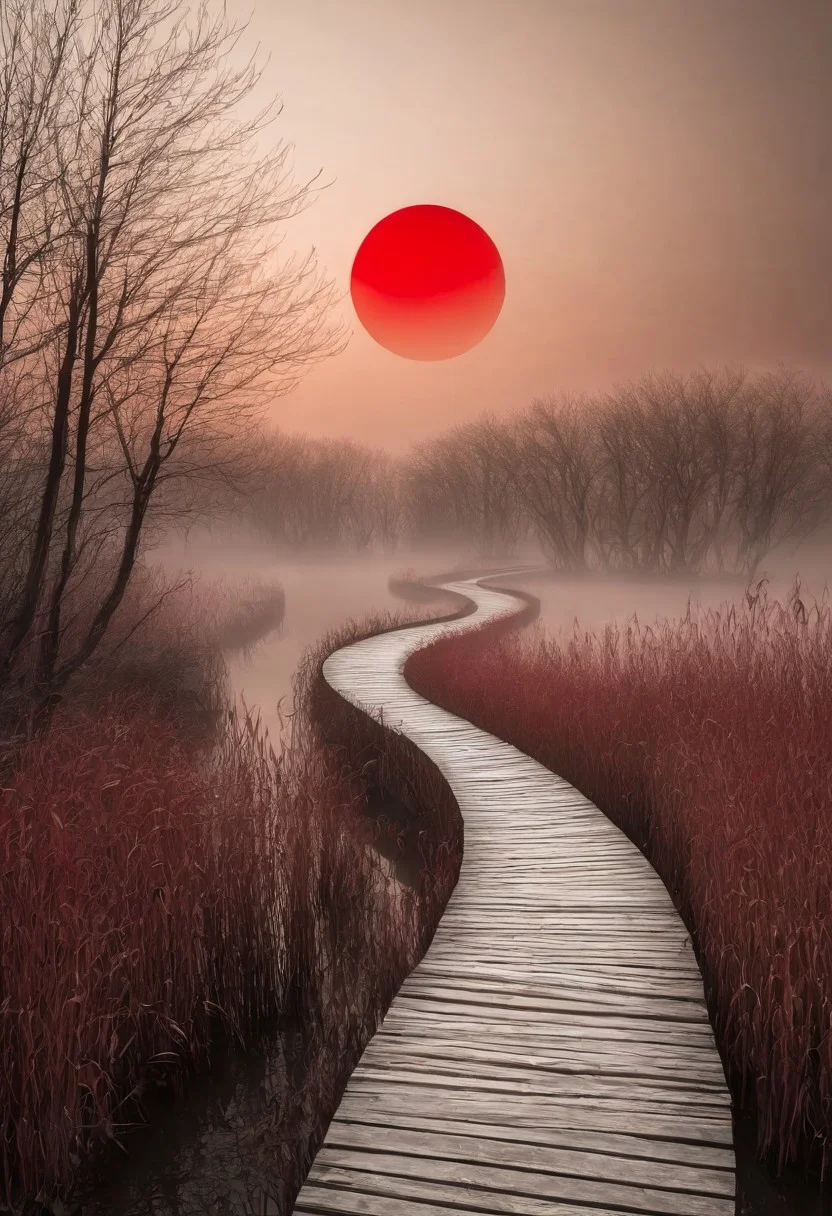 surreal landscape, winding wooden path, reflective caramel water, leafless trees, overgrown reeds, large subtle red sun, pale sky, eerie atmosphere, black and white with red accent, dreamy scenery, misty background