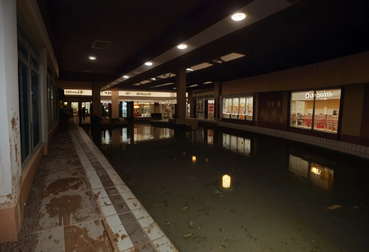 score_9, score_8_up, score_7_up, score_6_up, score_5_up, score_4_up, abandoned shopping mall, at night, no people, empty abandoned mall, destroyed, eerie, camera flash, partially flooded, ((( abandoned, submechanaphobia)))