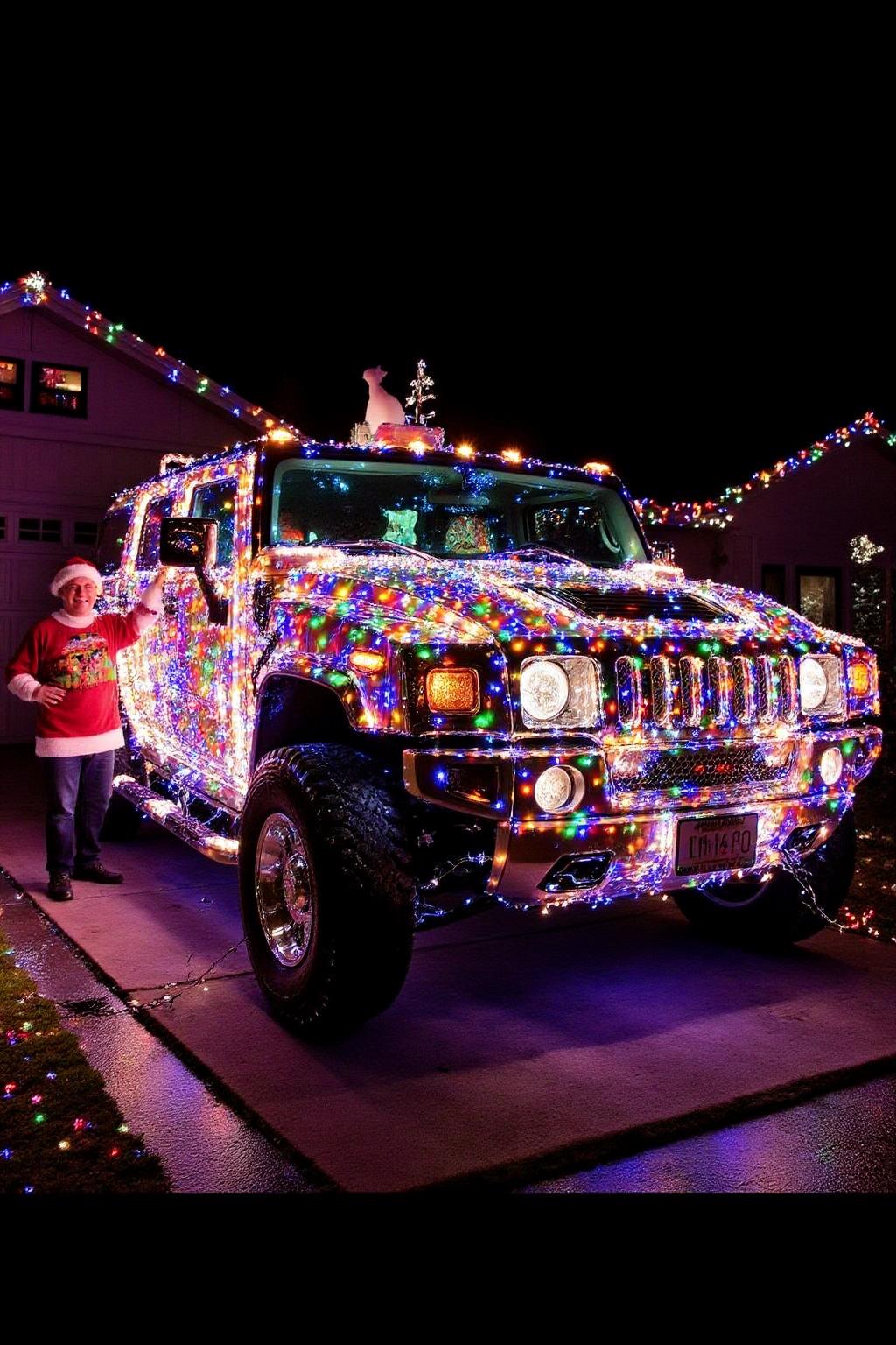 A festive and humorous scene featuring a man proudly posing beside his Hummer, which is extravagantly decorated with bright, colorful Christmas lights. The large vehicle is completely outlined with twinkling lights in red, green, gold, and blue, wrapping around the windows, grille, roof, and massive tires, creating a glowing, eye-catching display.
The man, dressed in a holiday sweater and Santa hat, stands confidently next to the Hummer with his hands on his hips, a big grin on his face, clearly proud of his work. A few strands of lights drape onto the ground for an extra playful touch, and reflections of the lights glimmer faintly on the pavement. The background features a quiet suburban street at night, with faint snowflakes falling, and a soft glow of holiday lights in distant houses. The mood is cheerful and fun, capturing the over-the-top spirit of festive car decorating.
 <lora:xmaslight1_nocap_d6a3:1.0><lora:808015556344228241:0>