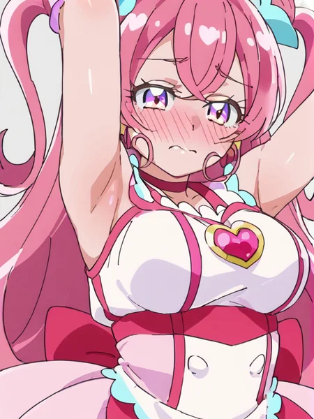 score 9, score 8 up, score 7 up, detailed background, shiny skin,
<lora:cureprecious.pony:1>,
cureprecious,
armpit, large breasts, heavy blush, half-closed eyes, embarrassed, pulling shirts side,