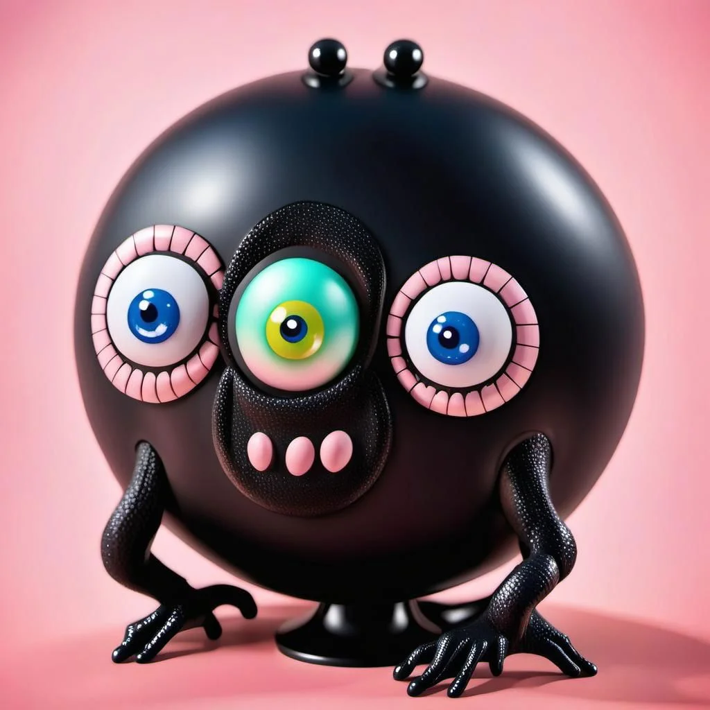 pitch black goo ball with two eyes, realistic cartoon