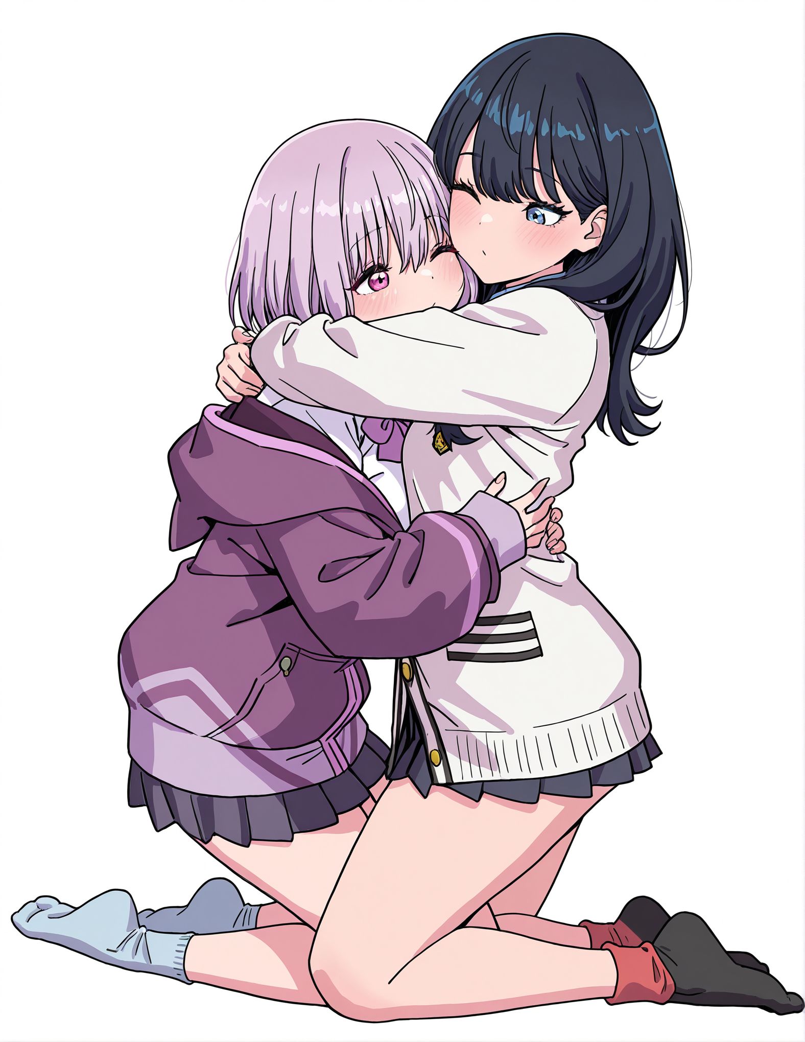 masterpiece,best quality,amazing quality,very aesthetic,absurdres,newest, huge filesize,
<lora:spo_sdxl_10ep_4k-data_lora_webui:0.5>,
<lora:add-detail-xl:1>
Yamashita_shunya_STYLE, multiple girls, 2girls, yuri, skirt, black hair, blue eyes, school uniform, one eye closed, hug, socks, short hair, jacket, white background, long hair, simple background,
takarada rikka,  shinjou akane, 
<lora:Yamashita_shunya_STYLE:0.8>  
Yamashita_shunya_STYLE,