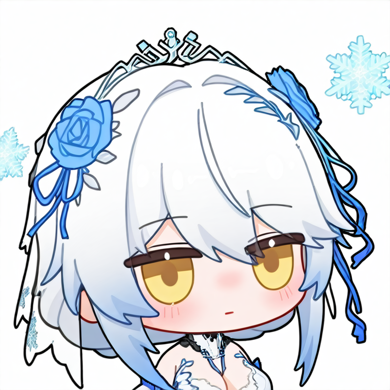chibi, snowbreakmeme, snowbreak_chibi, (((solo,))),lyfe bestla, lyfe bestla - infinite sight (frozen in love), white crown on head, short hair,<lora:lyfe bestla - infinite sight (frozen in love)-noobai:0.8> ,blush,yellow eyes,white hair,expressionless,blush,snowflakes,looking_at_snowflakes,breasts, flower, white background,  simple background, \n<lora:snowbreakmeme_noobai_v1.0-000030:1>,