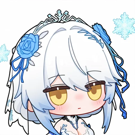chibi, snowbreakmeme, snowbreak_chibi, (((solo,))),lyfe bestla, lyfe bestla - infinite sight (frozen in love), white crown on head, short hair,<lora:lyfe bestla - infinite sight (frozen in love)-noobai:0.8> ,blush,yellow eyes,white hair,expressionless,blush,snowflakes,looking_at_snowflakes,breasts, flower, white background,  simple background, \n<lora:snowbreakmeme_noobai_v1.0-000030:1>,