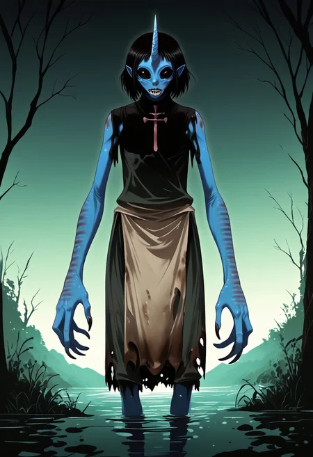 ((Alien humanoid)),
((Alien species)), solo, androgynous, aquatic features
blue skin, ((webbed hands)):1.4,
((No nose)):1.3, ((nostrils only, nostril slits, vertical nasal slits, narrow nostrils)):1.5, ((narrow eyes)), ((black sclera, black irises)), smooth skin, pointy ears, small ears, tiny ears, holes in skin, forehead horn, short horn, veiny horn, ((single horn)):1.0, ((4 fingers)), fingernails, thin lips, ((black hair)), ((short hair, spiky hair)), sharp teeth, digitigrade legs, bent legs,
full body shot
ragged clothes, muddy clothes, loincloth, tunic, dirty
Medieval style, fantasy style,
((Variety)):1.2
((dutch angle, 3/4 view))
river background
fully clothed, loose clothing, clean lines, smooth colors, detailed fingers, sfw, source: realistic, rating: pg, score: 8 up, score: 9