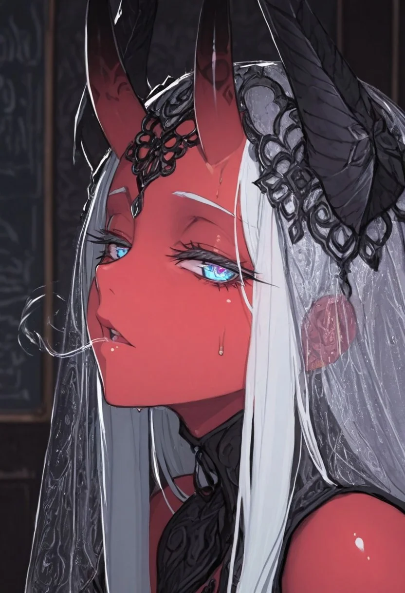 masterpiece, best quality, amazing quality, 1girl, hair ornament,
8K, illustrating, CG, detailed-eyes, detailed background, cute girl, eyelashes, lowlight
BREAK
sexy, slutty, hot, aroused,
BREAK
detailed background, eyelashes, erotic, looking seductive, coy. dynamic action image, detailed face, detailed eyes, direct mesmerizing gaze,
BREAK
(EyesHD:1.2), (4k,8k,Ultra HD), masterpiece, best quality, ultra-detailed, very aesthetic, sharp focus, depth of field, ray tracing, best lighting, detailed illustration, detailed background, cinematic, beautiful face, beautiful eyes,
BREAK
Aka-Oni, oni, colored skin, red skin, smooth horns, black horns,
BREAK
Eric Madigan Heck animals style, Kay Nielsen Style page,
Anime art, portrait,
silk veil, full face veil,
mist, woman hissing, swirling particles, epic eyes, half closed eyes,