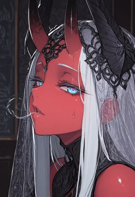 masterpiece, best quality, amazing quality, 1girl, hair ornament, 
 8K, illustrating, CG, detailed-eyes, detailed background, cute girl, eyelashes, lowlight
BREAK
sexy, slutty, hot, aroused, 
BREAK
detailed background, eyelashes, erotic, looking seductive, coy. dynamic action image, detailed face, detailed eyes, direct mesmerizing gaze, 
BREAK
(EyesHD:1.2), (4k,8k,Ultra HD), masterpiece, best quality, ultra-detailed, very aesthetic, sharp focus, depth of field, ray tracing, best lighting, detailed illustration, detailed background, cinematic, beautiful face, beautiful eyes,
BREAK
Aka-Oni, oni, colored skin, red skin, smooth horns, black horns, 
BREAK
Eric Madigan Heck animals style, Kay Nielsen Style page,
Anime art, portrait, 
silk veil, full face veil, 
mist,  woman hissing, swirling particles, epic eyes, half closed eyes,