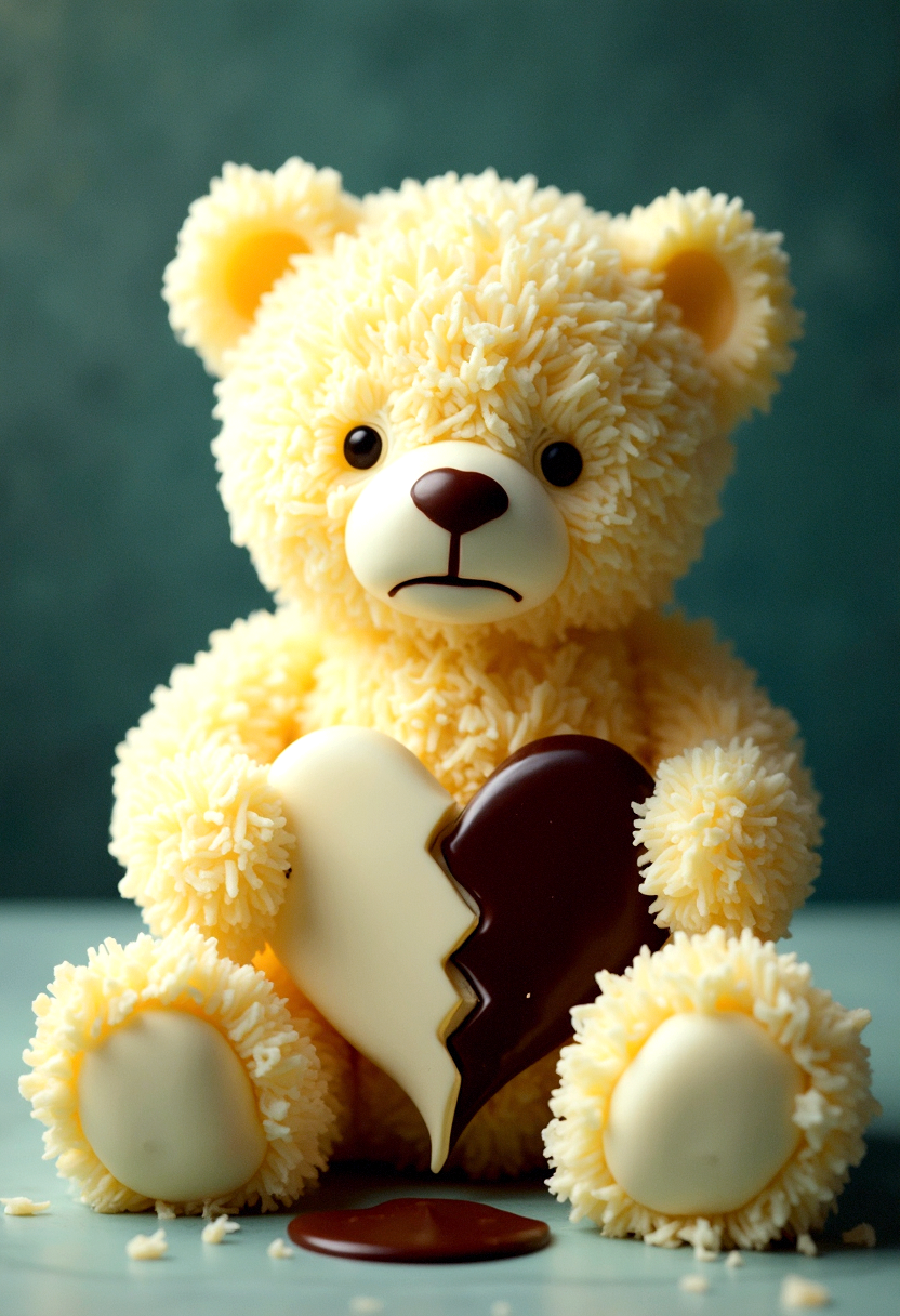 Photorealistic image of a teddy bear made from grated mozzarella cheese, holding a broken heart made from half white chocolate half dark chocolate, the cheese melted  with its sad closed eyes gazing downward . The background is a muted, dark teal, contrasting the light color of the bear as it slowly falls apart, creamy texture, soft cream texture

cinematic lighting, extremely intricate detail character, accurate depiction of character, correct body anatomy, correct hands and fingers, extremely intricate skin and facial texture detail, design,lifelike potrayal, extrememly realistic lighting, extreme dynamic pose, sfw, fully clothes, sharp background detail, 










